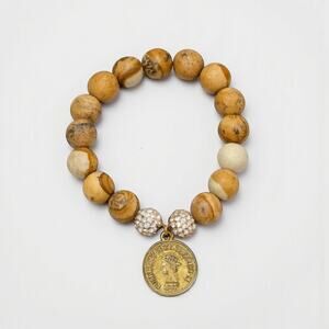 Jasper Natural Stone Artisan Coin Charm Beaded Stretchy bracelet